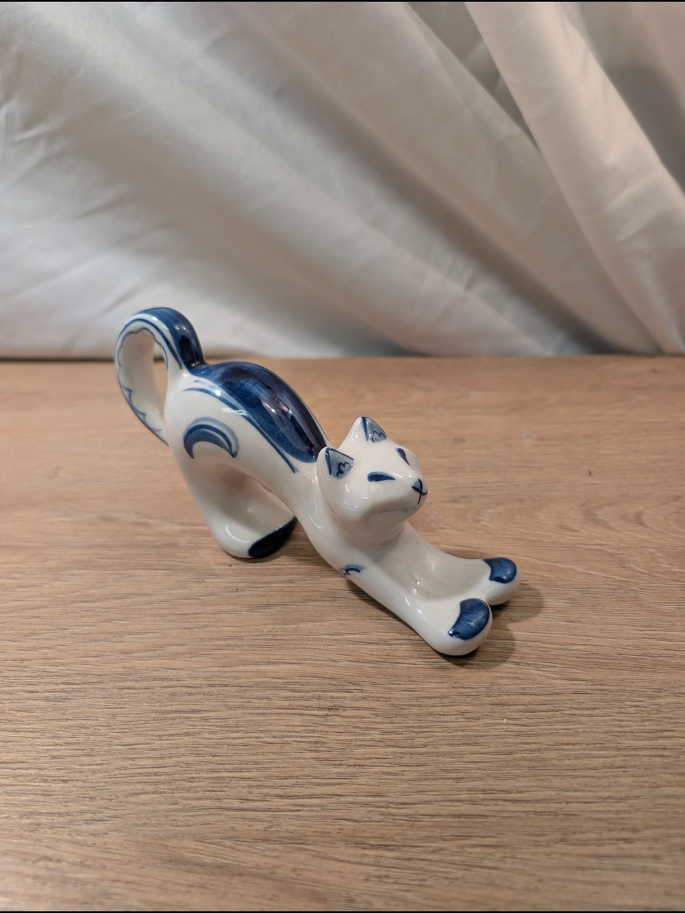 Hand Painted Gzhel Blue White Cat Stretching Figurine USSR